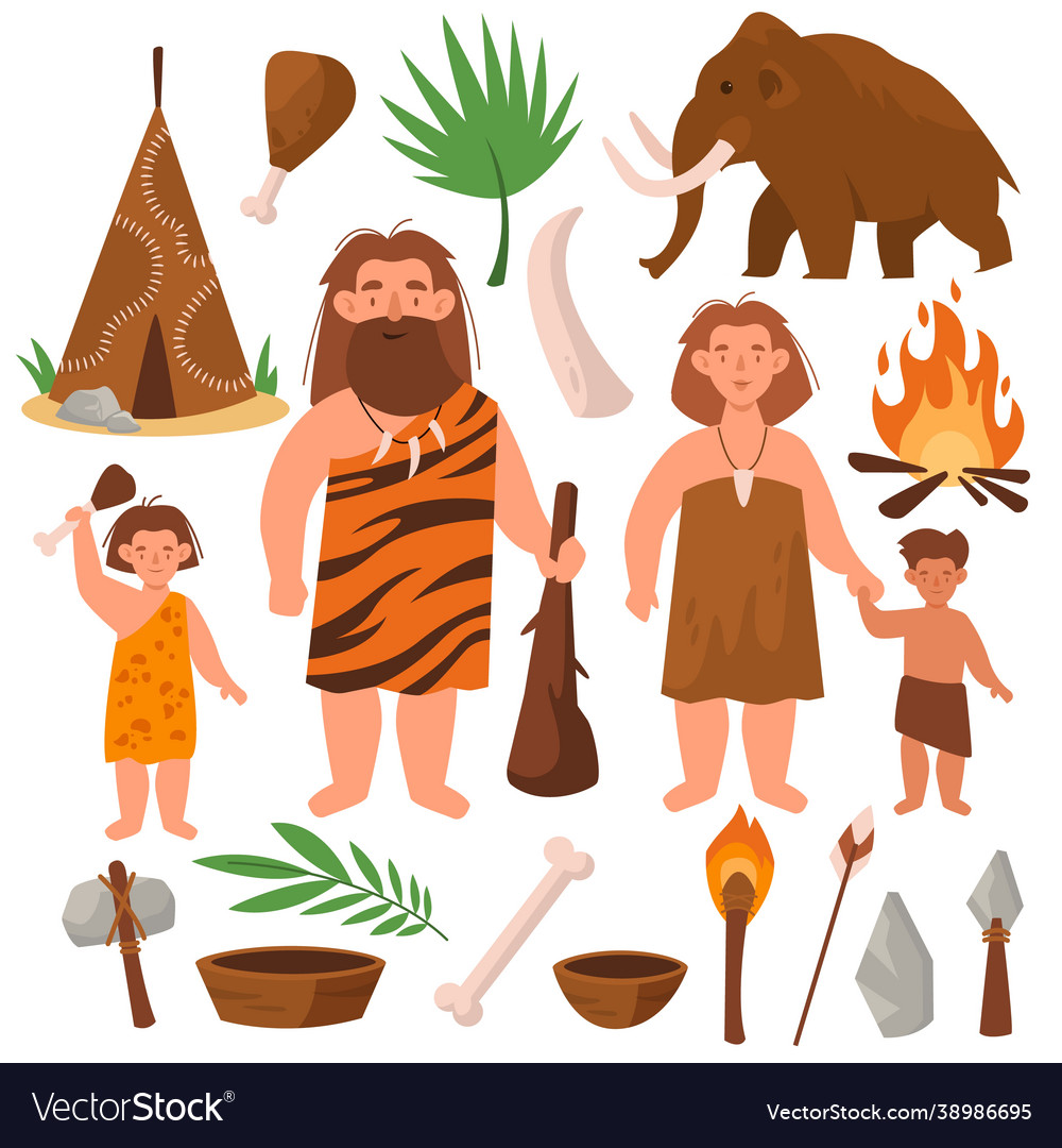 Stone Age People Prehistoric Times Cartoon Vector Image