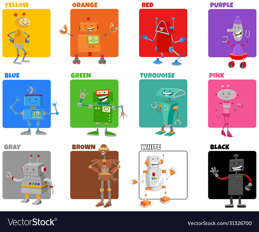 Basic colors set with cartoon robot characters Vector Image