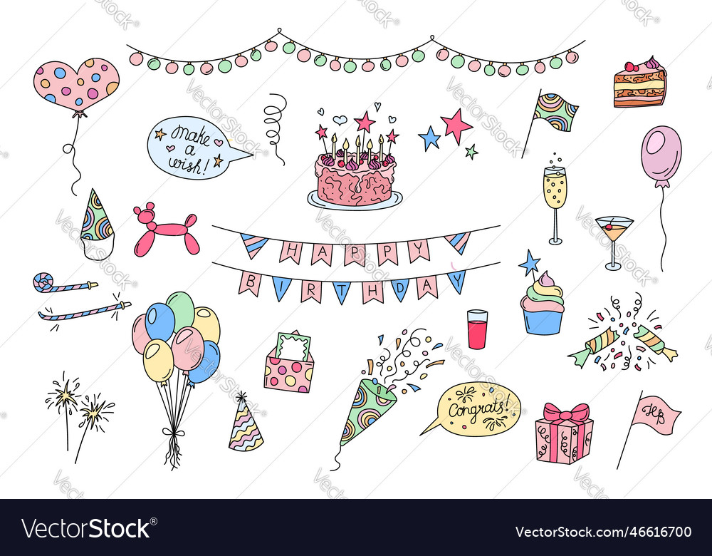 Birthday party elements set funny doodles Vector Image