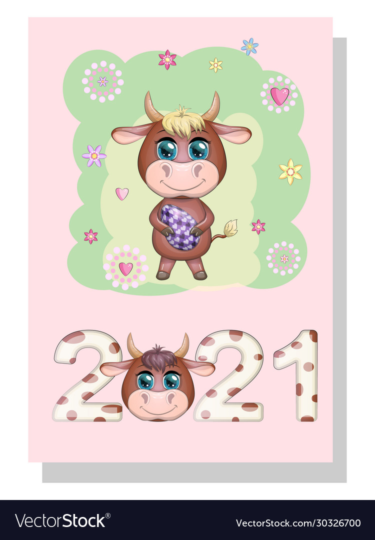 Calendar 2021 cute bull and cow for every month Vector Image