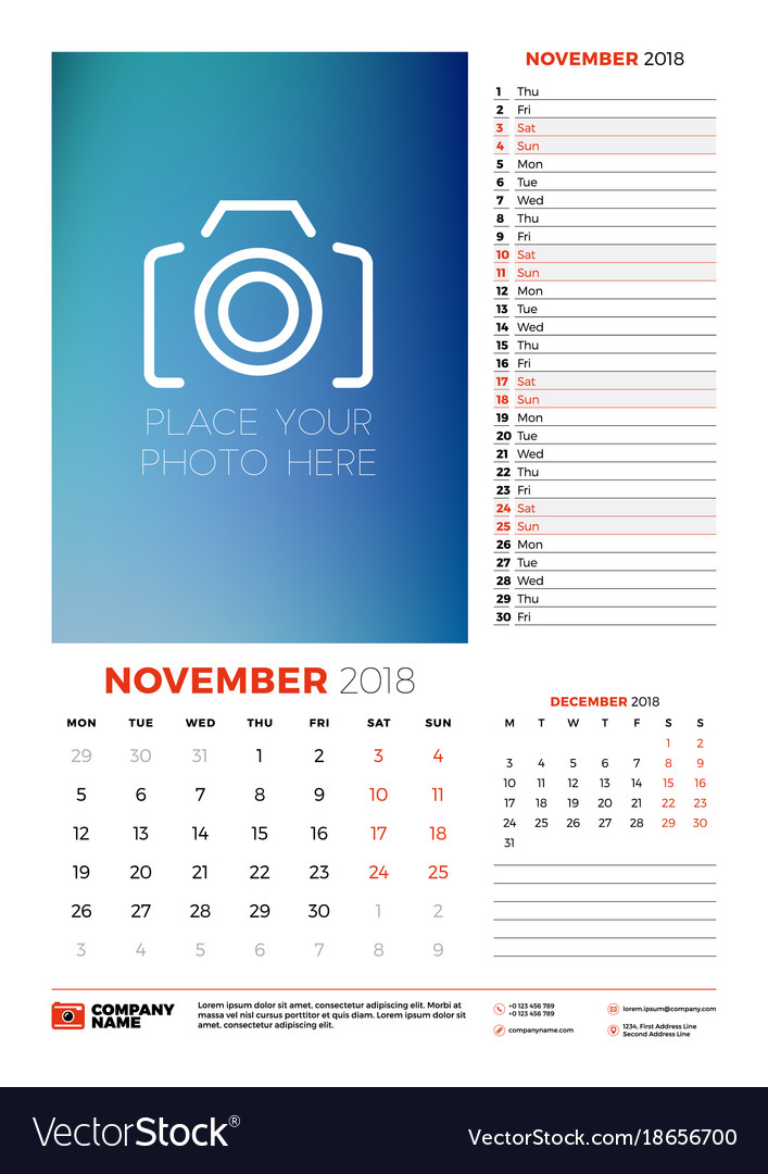 Kalenderplaner Vorlage für 2018 Jahr November
