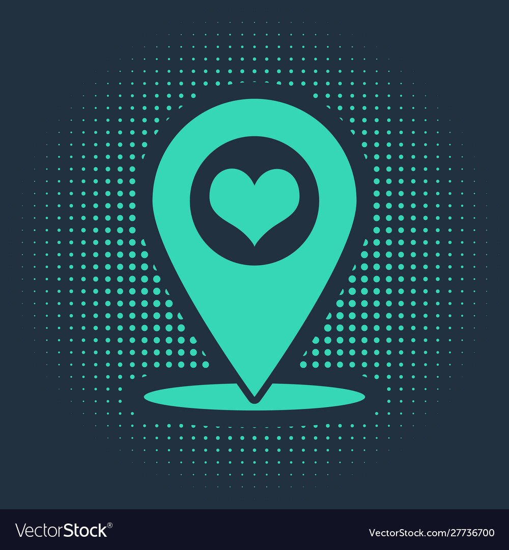 Green map pointer with heart icon isolated on blue vector image Green map pointer with heart icon isolated on blue