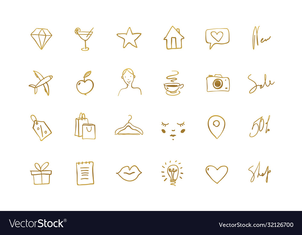 Set hand drawn golden icons for social networks vector image Set hand drawn golden icons for social networks