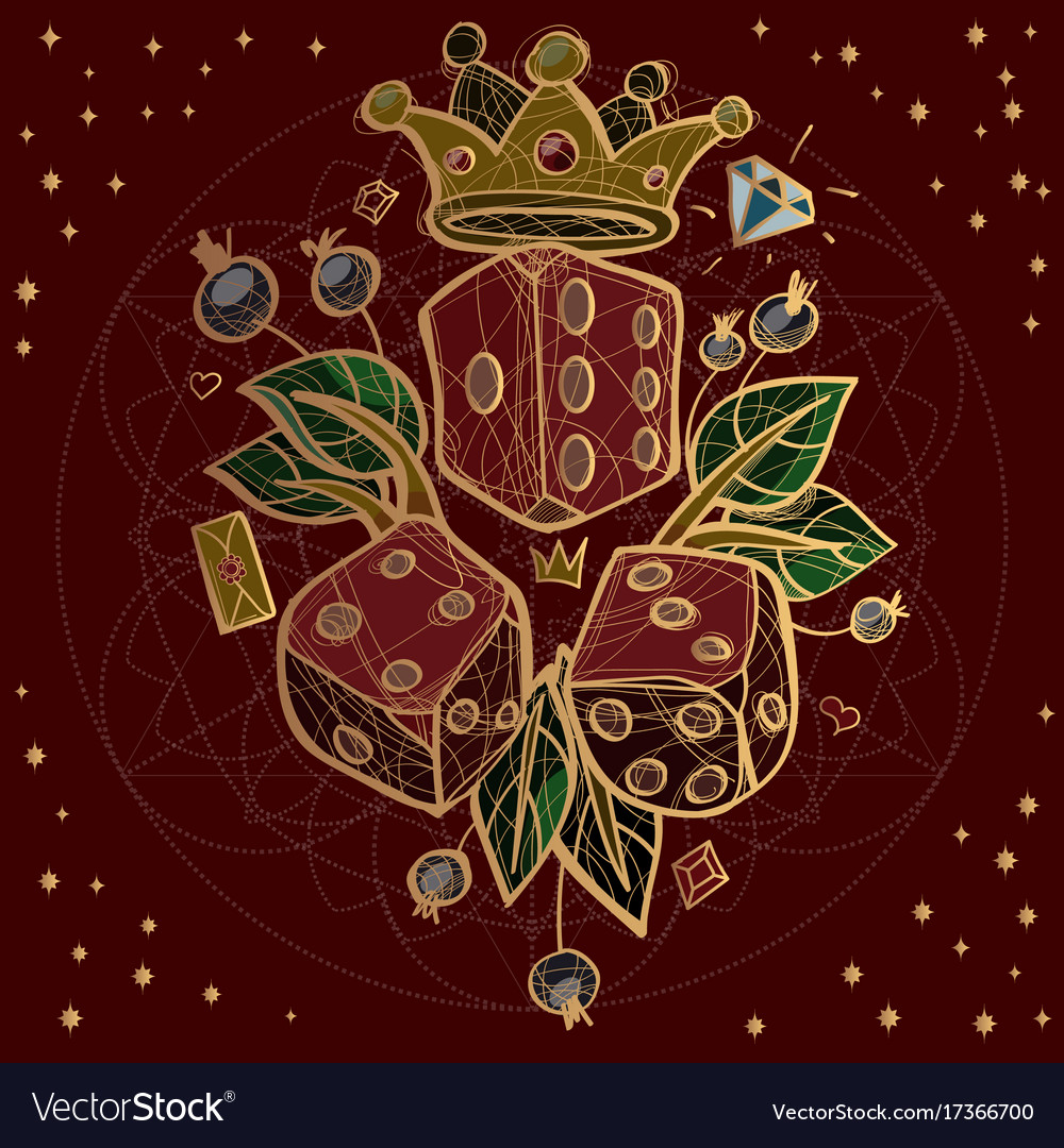 Set of dices and crown on red background