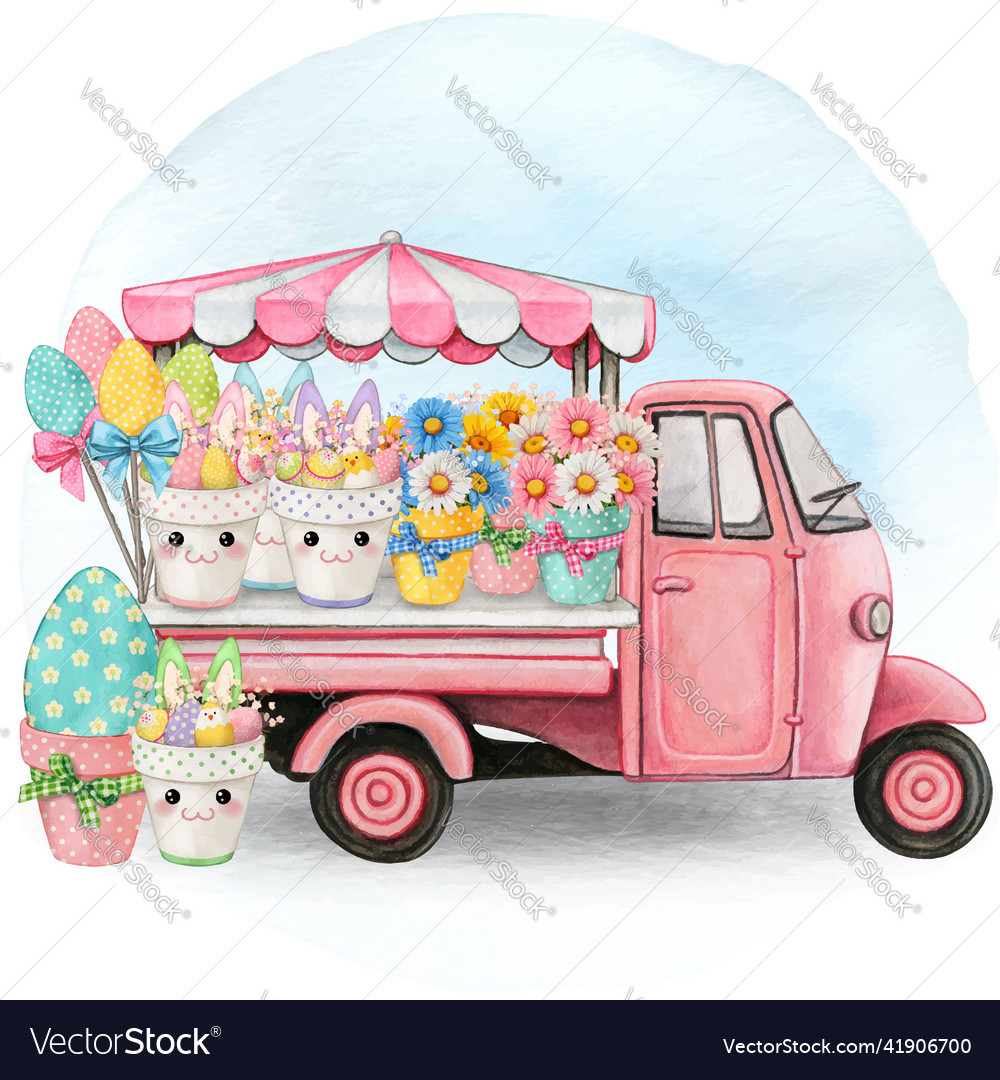 Watercolor easter floral market truck vector image Watercolor easter floral market truck