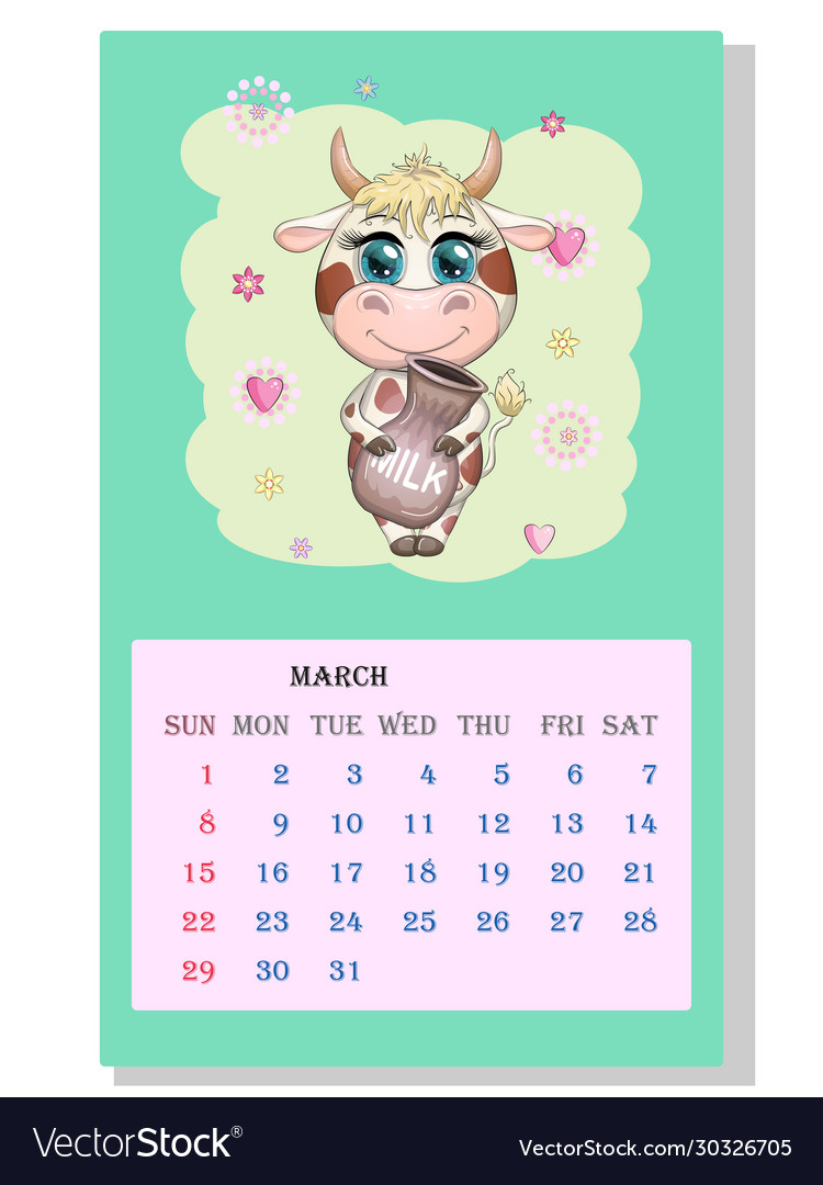 Calendar 2021 cute bull and cow for every month