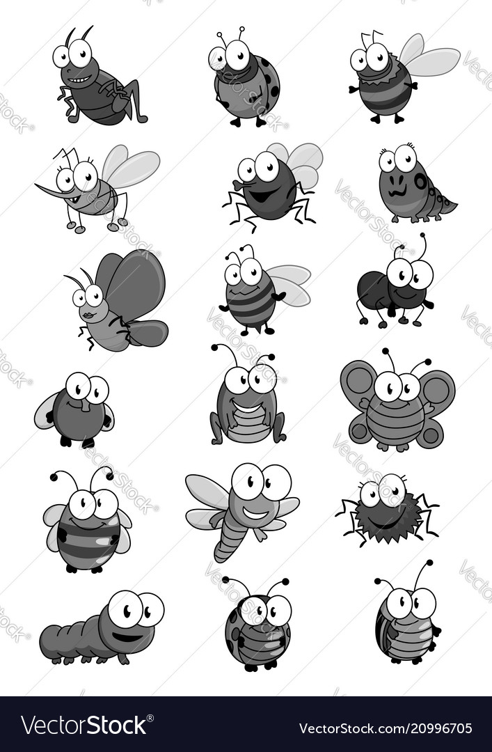 Insects and bugs cartoon comic icons set vector image Insects and bugs cartoon comic icons set
