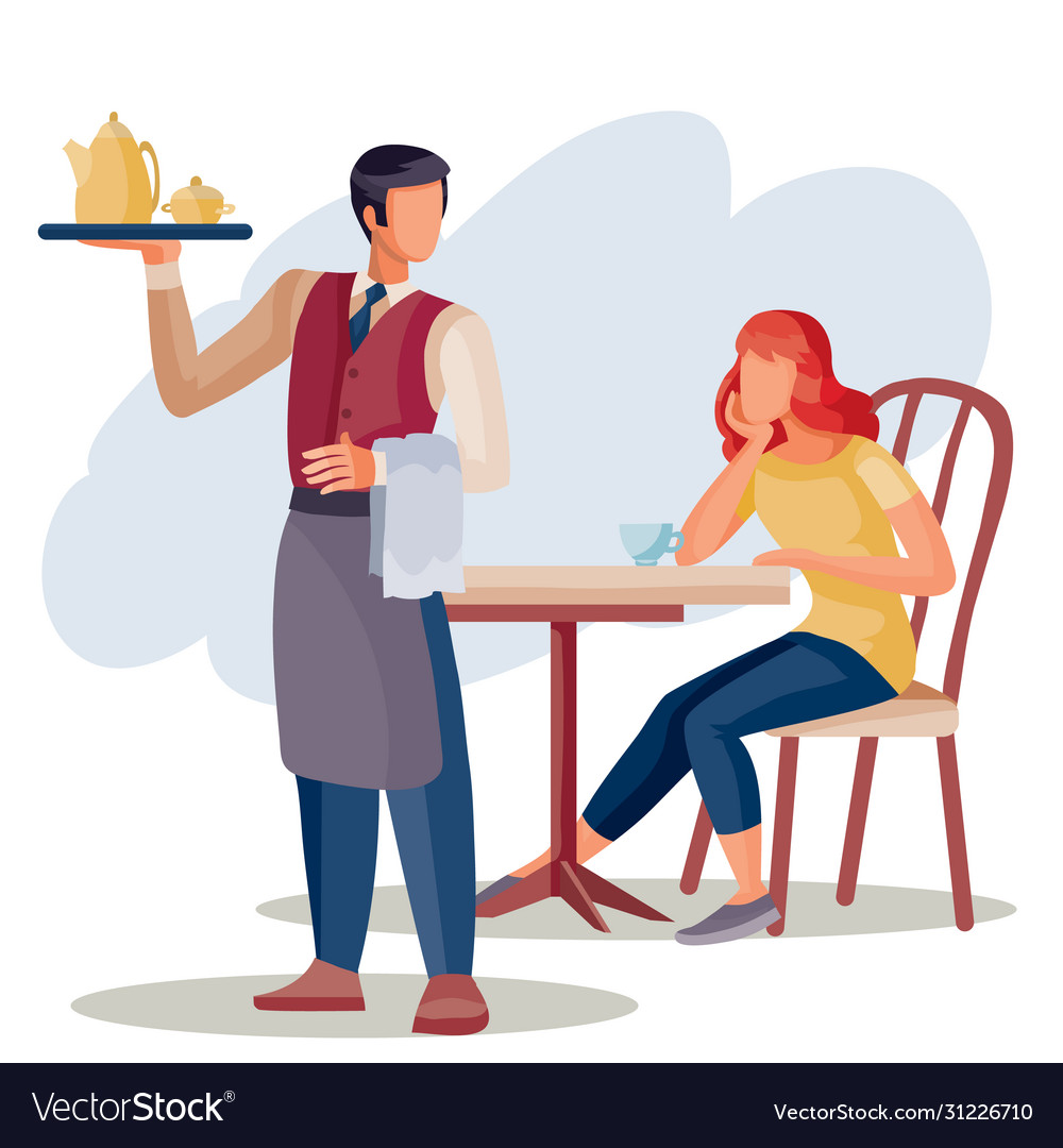 A girl is sitting at coffee table and waiter vector image A girl is sitting at coffee table and waiter