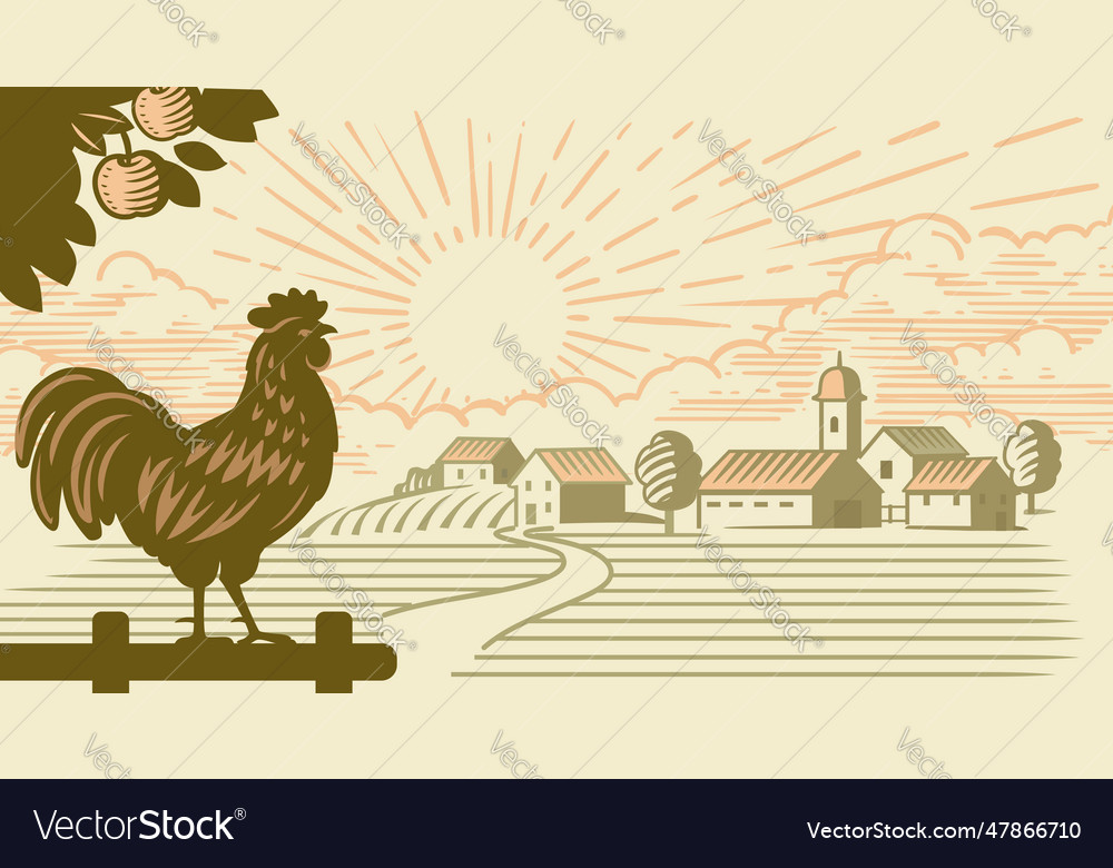 Landscape with rooster and village Royalty Free Vector Image