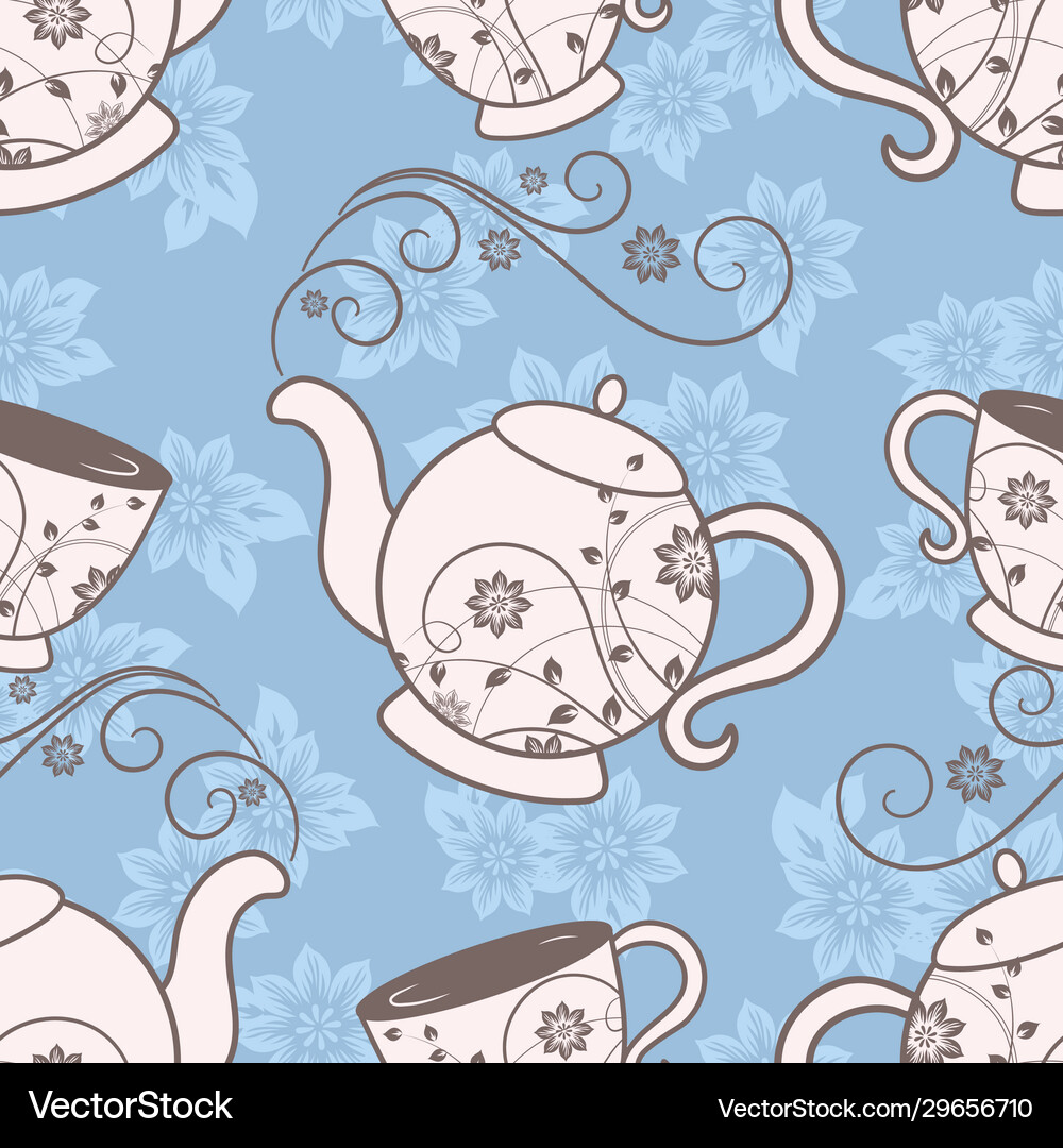 Seamless pattern with teapots and cups with floral