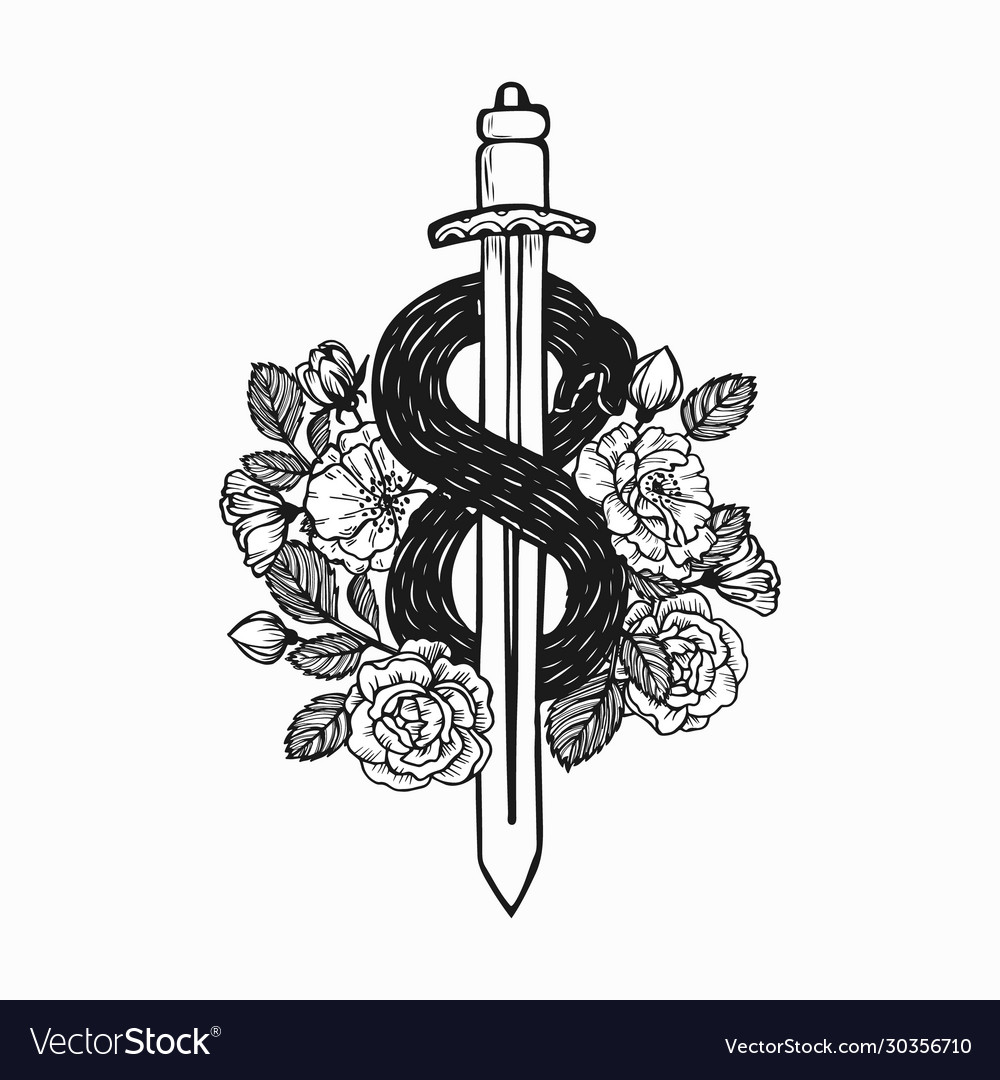 Snake-twined sword decorated with roses self Vector Image