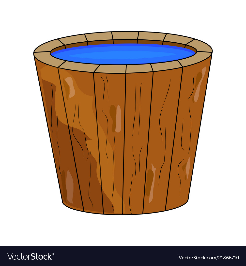 Wooden bucket full of water cartoon isolated