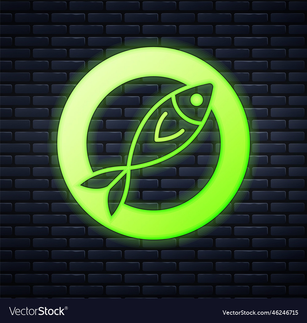 Glowing neon dried fish icon isolated on brick