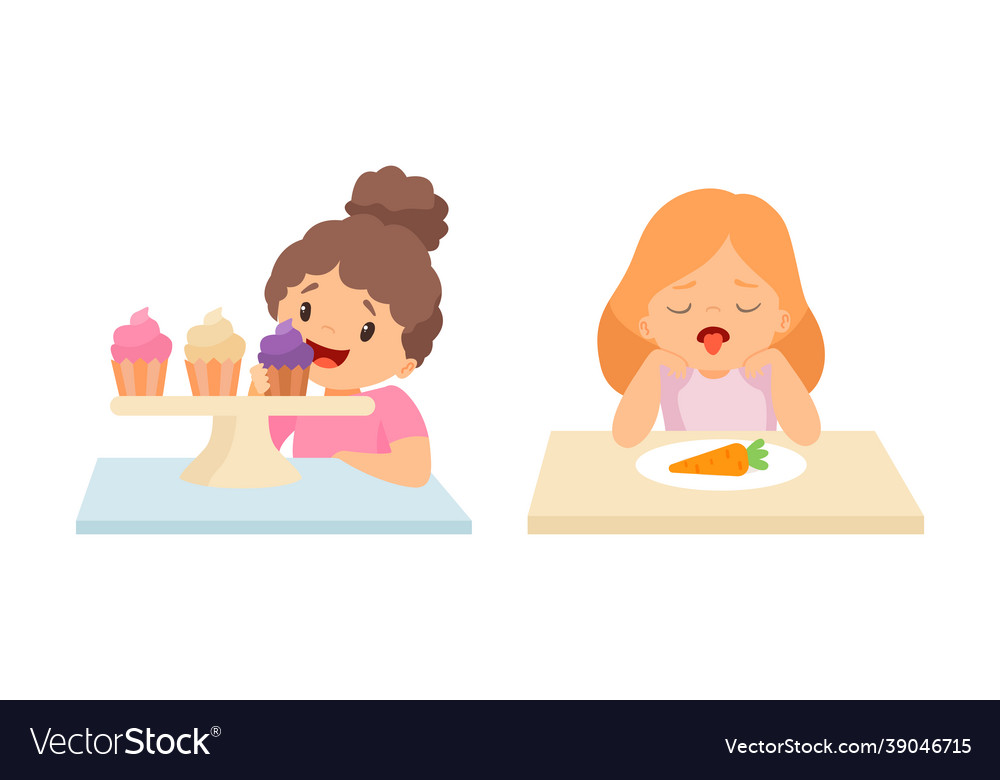 Little girl at table showing disgust towards Vector Image