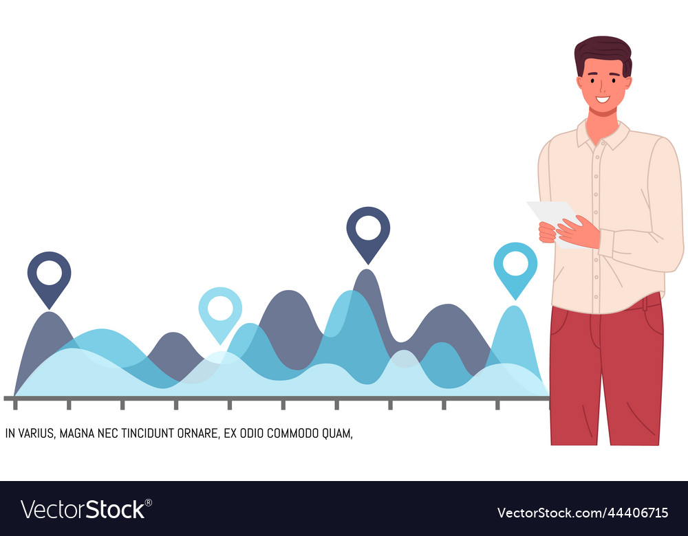 Man analyses digital report with data statistical vector image Man analyses digital report with data statistical