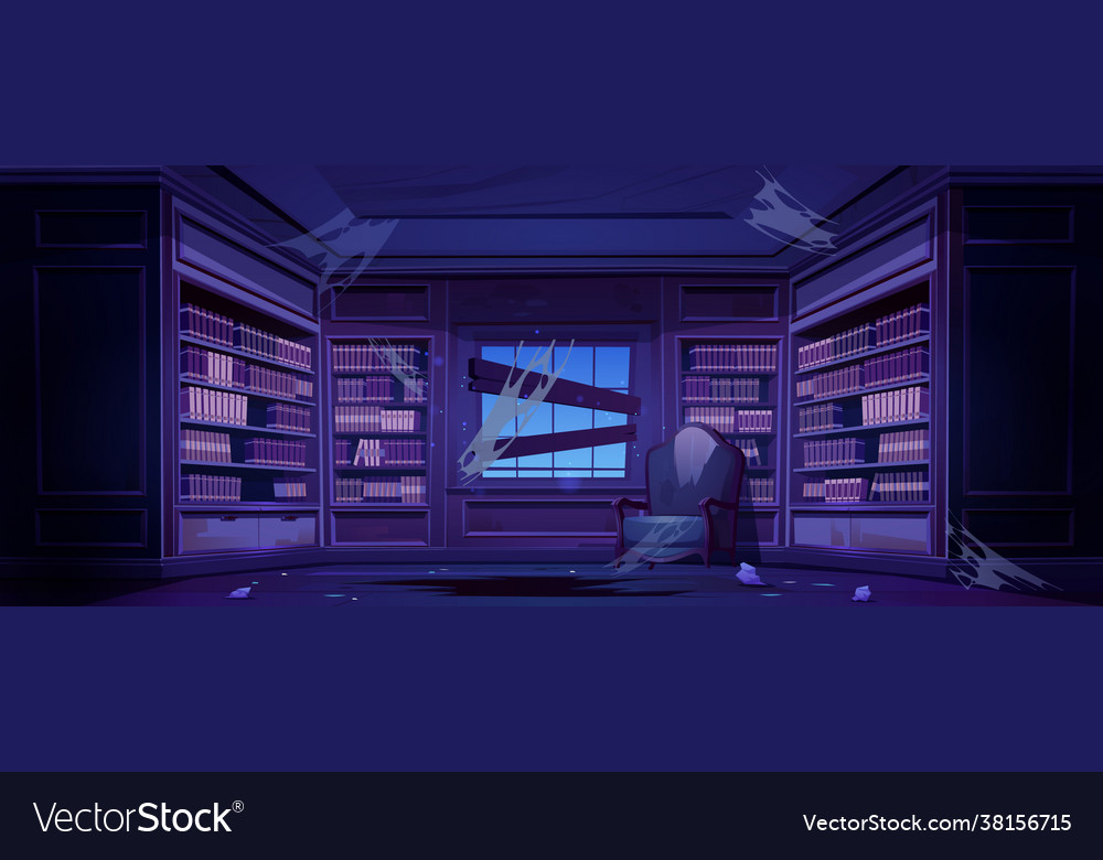 Old dirty library with bookcases at night Vector Image