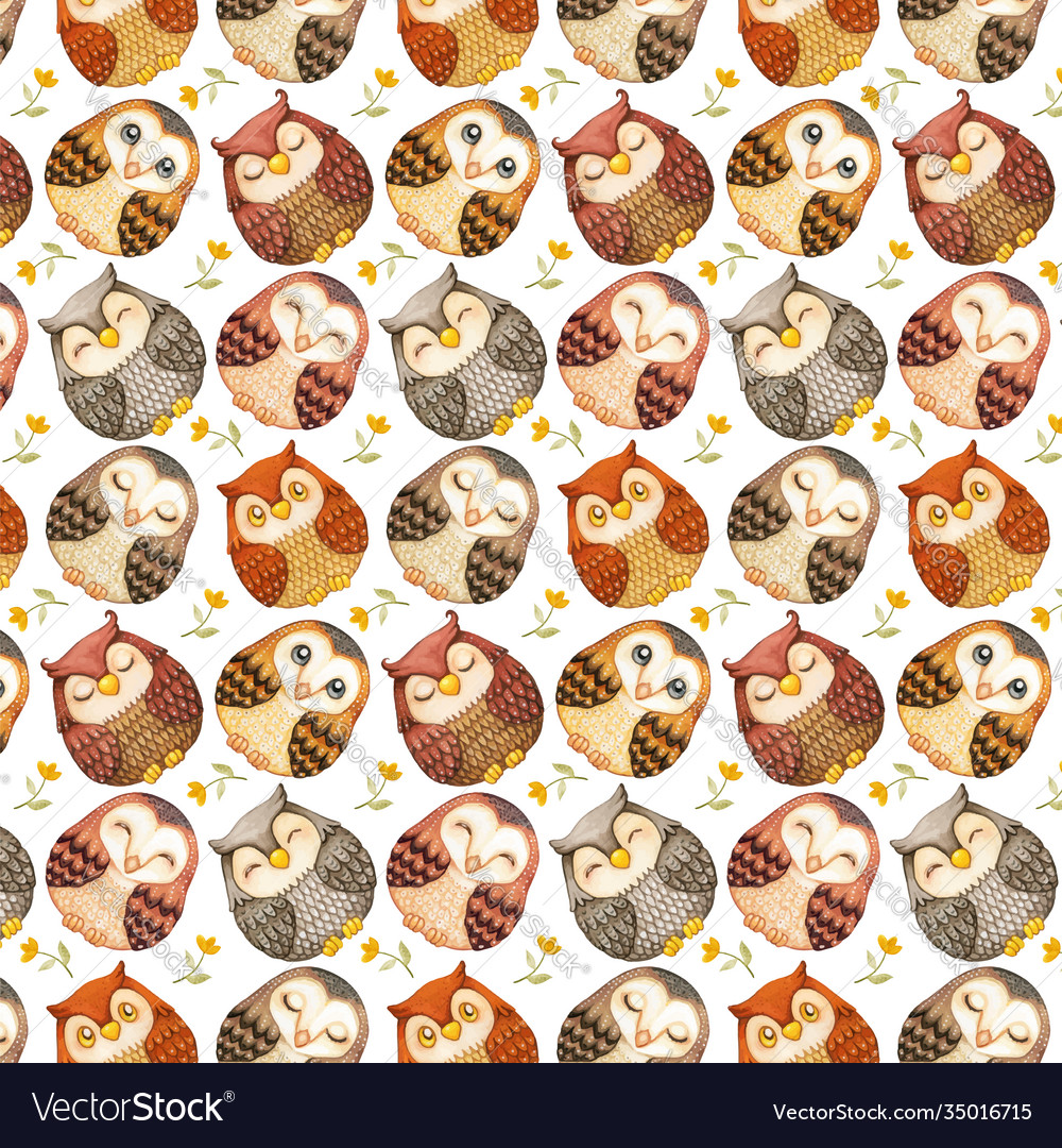 Watercolor high quality cute owls seamless pattern vector image Watercolor high quality cute owls seamless pattern