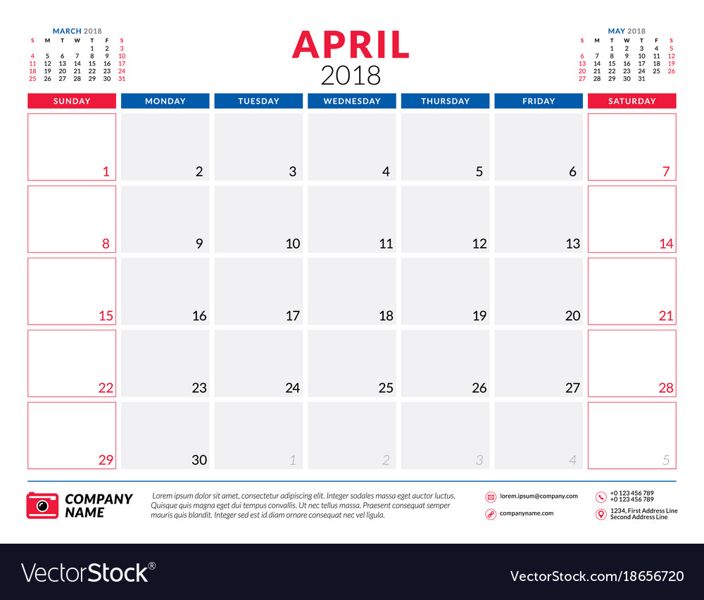 April 2018 calendar planner design template week