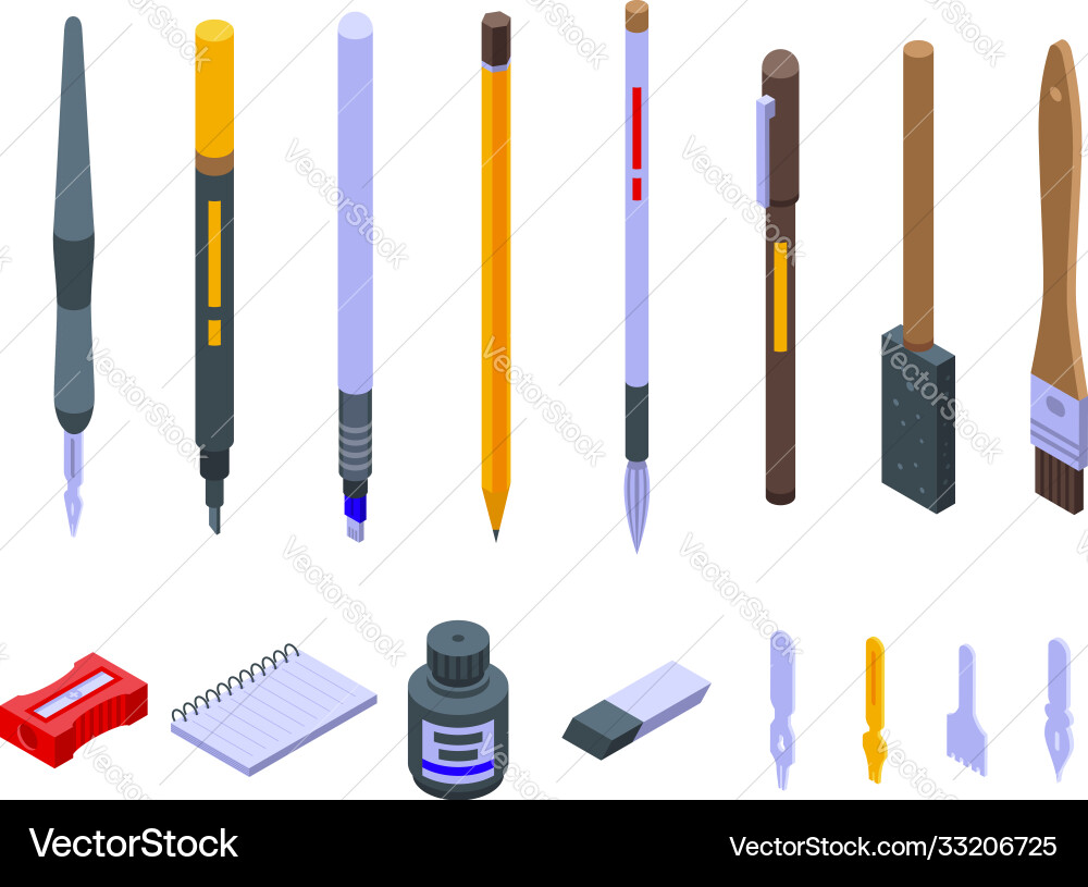 Calligraphy tools icons set isometric style Vector Image