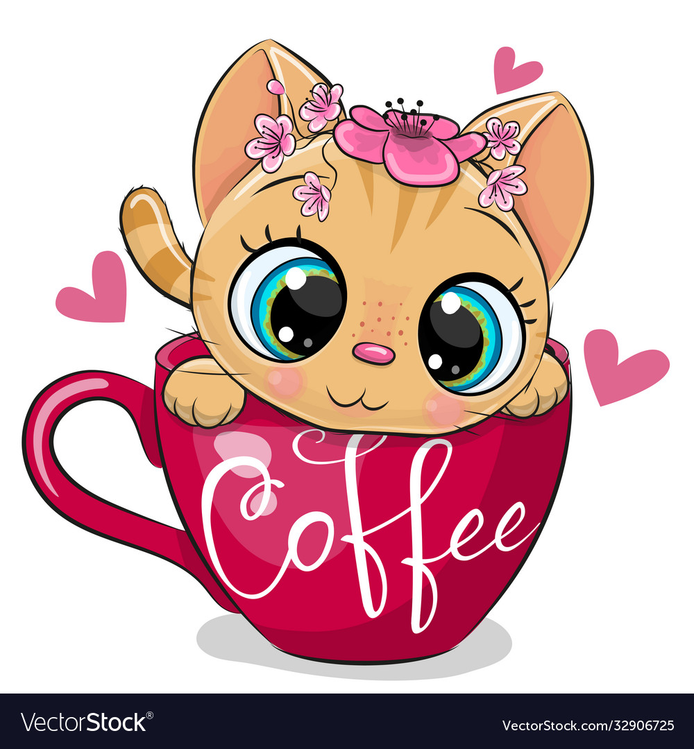 Cartoon kitten with a flowers is sitting in a cup Vector Image