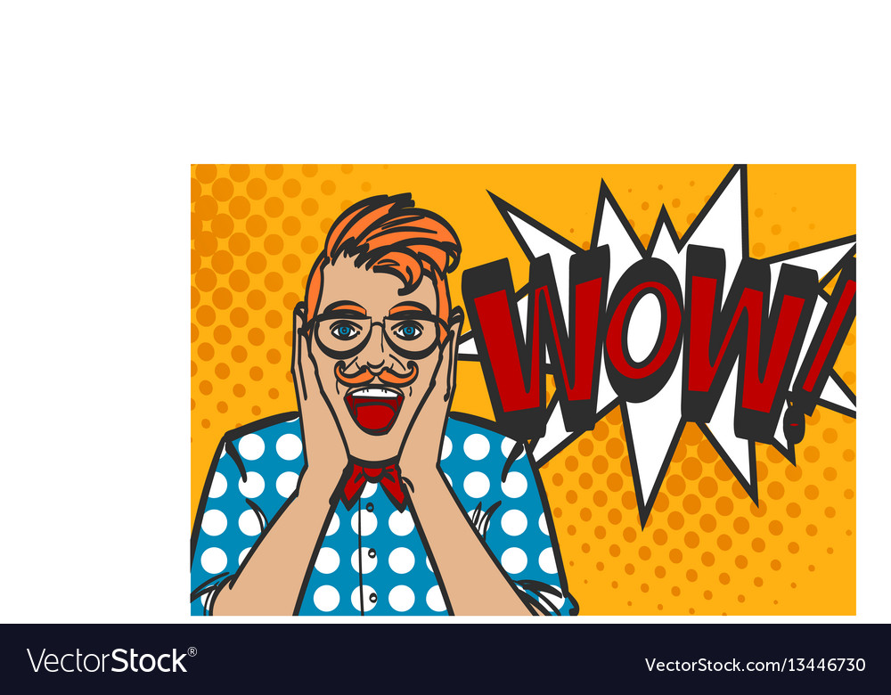 Pop art vector illustration of hipster man with wow surprised face