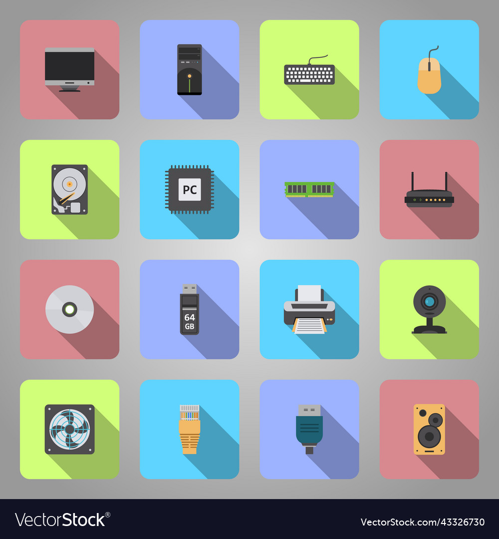 Set of square flat icons computer components vector image Set of square flat icons computer components