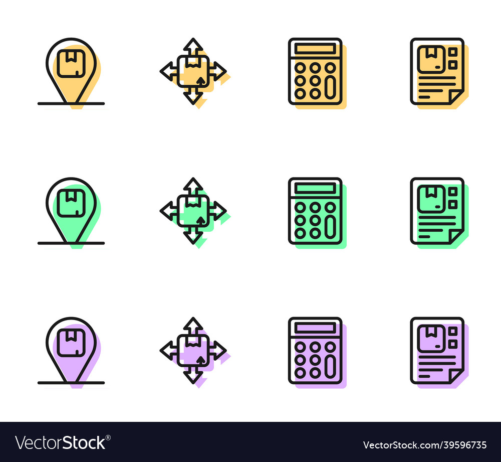 Set line calculator location with cardboard box Vector Image Set line calculator location with cardboard box