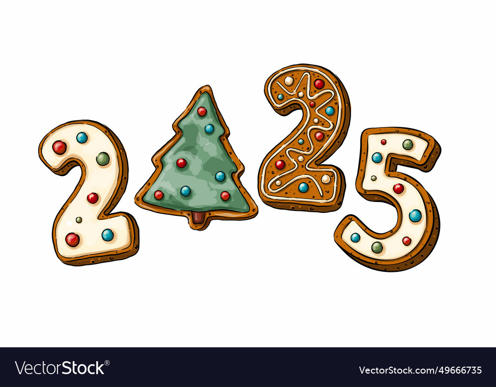 Text 2025 in gingerbread style with multi-colored vector image Text 2025 in gingerbread style with multi-colored
