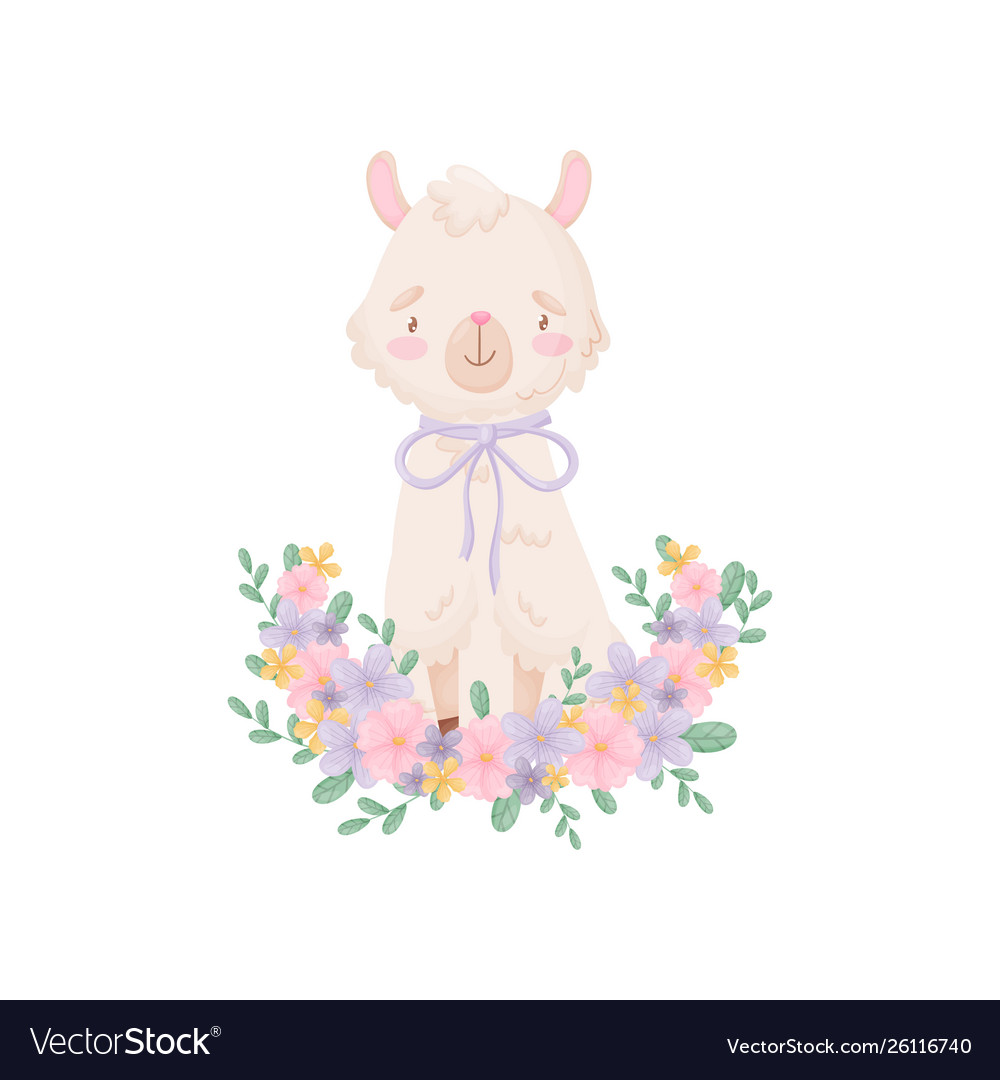 Cute cartoon llama sits among flowers