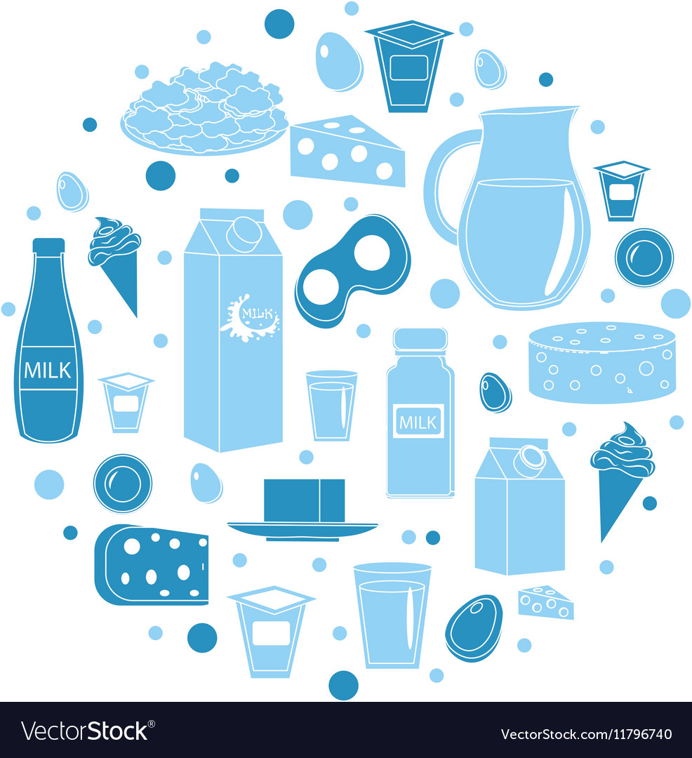 Dairy products icon set in round shape flat style