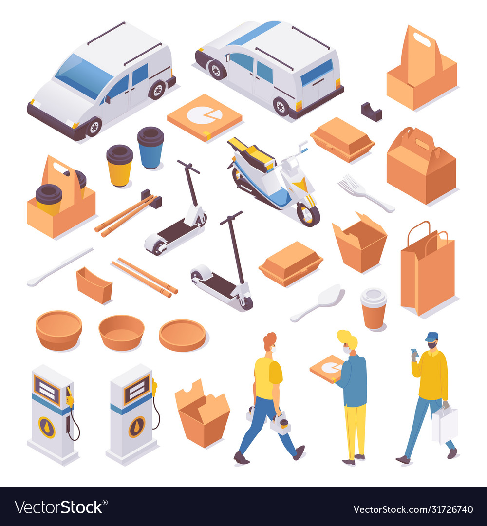 Food and fastfood delivery isometric car or van