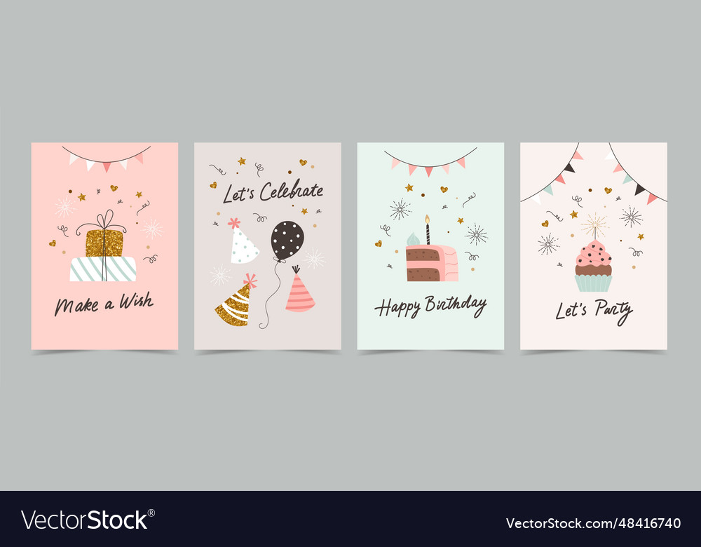 Happy birthday card set with cake balloons and Vector Image