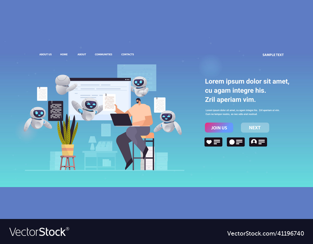 Man and robots article editors writing publicity Vector Image Man and robots article editors writing publicity