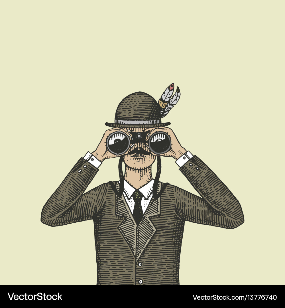 Man in costume looking through the binoculars Vector Image