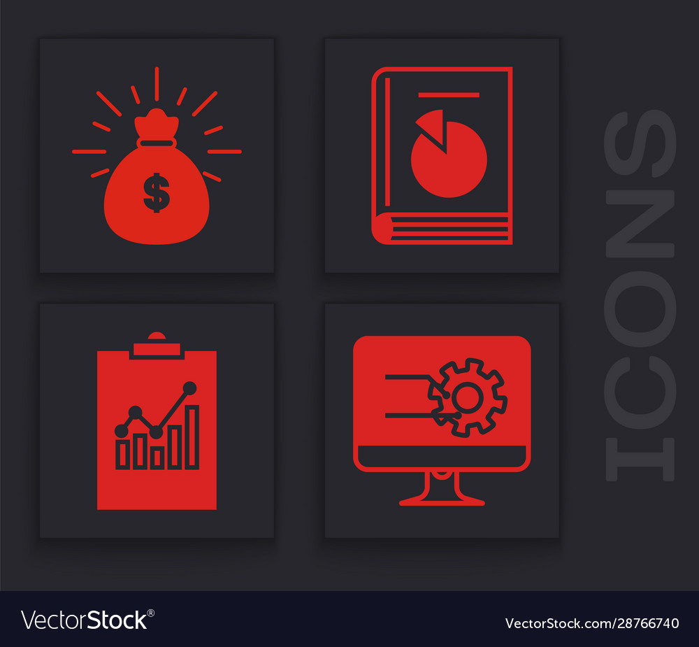 Set computer monitor with graph chart money bag vector image Set computer monitor with graph chart money bag