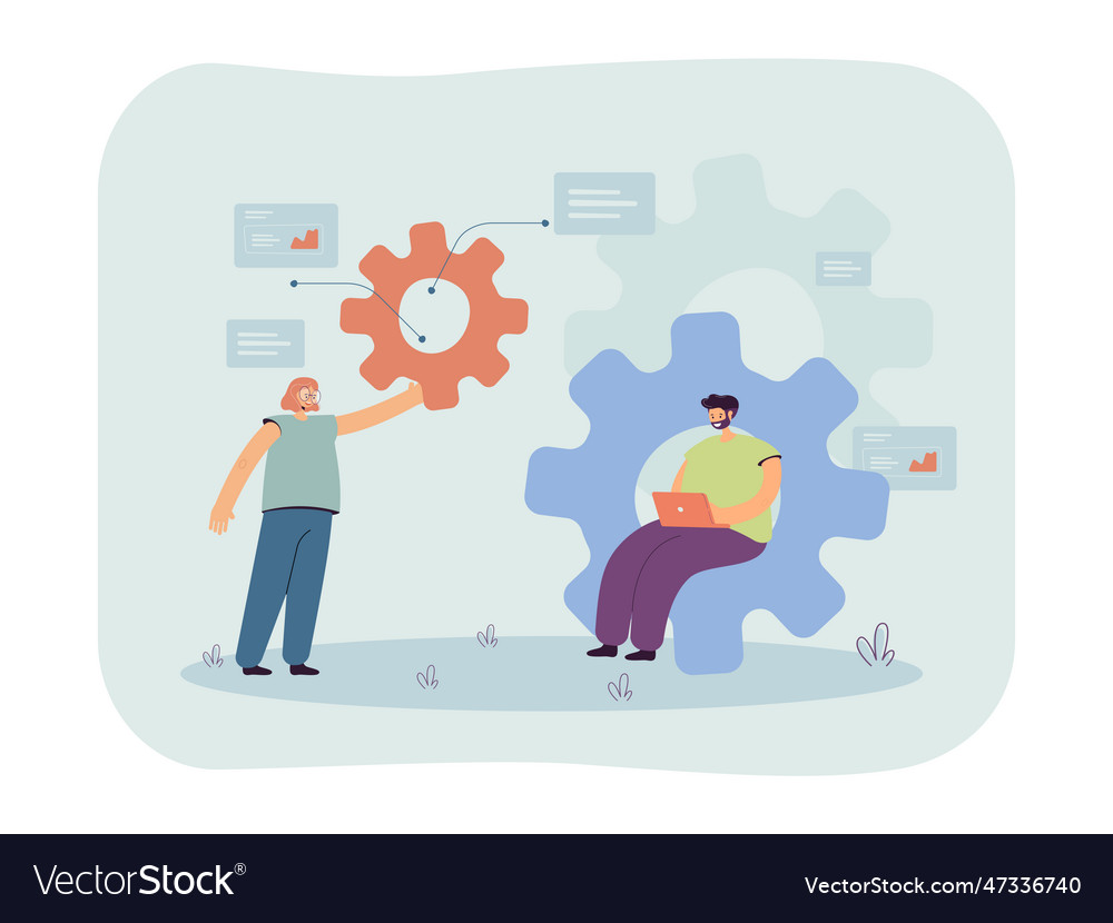 Tiny team of developers studying business workflow vector image Tiny team of developers studying business workflow
