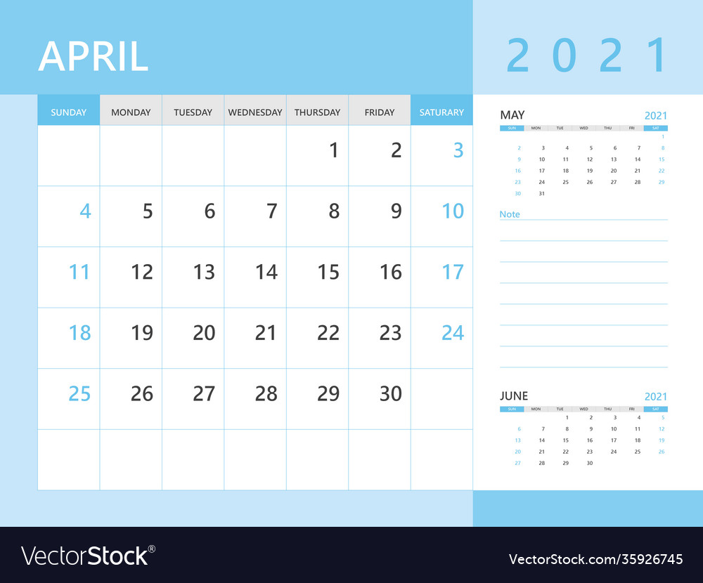 Calendar 2021 template april year Royalty Free Vector Image