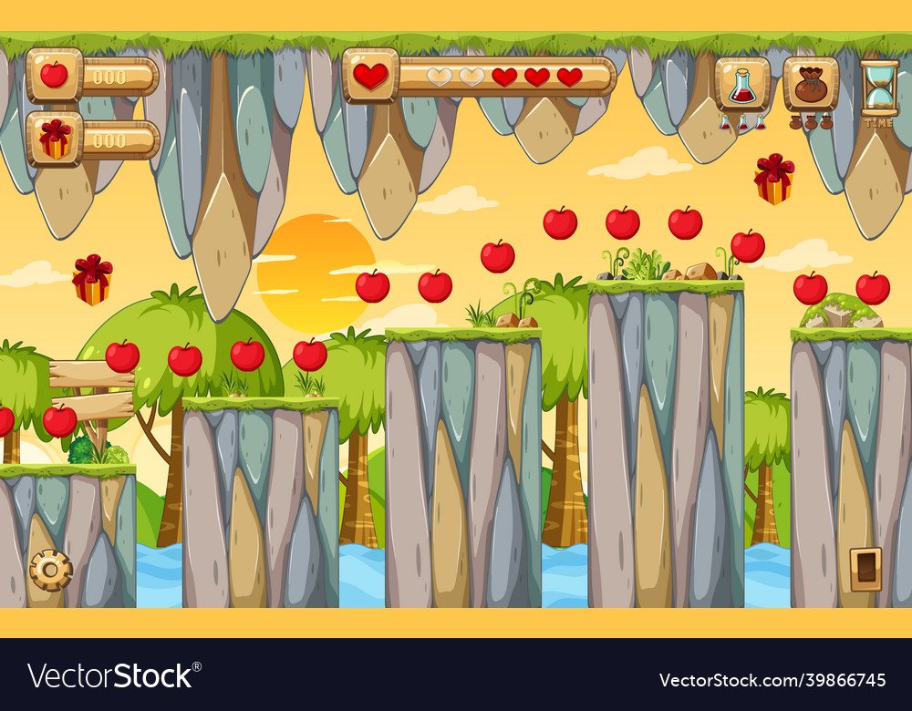 Collecting apples platformer game template vector image Collecting apples platformer game template