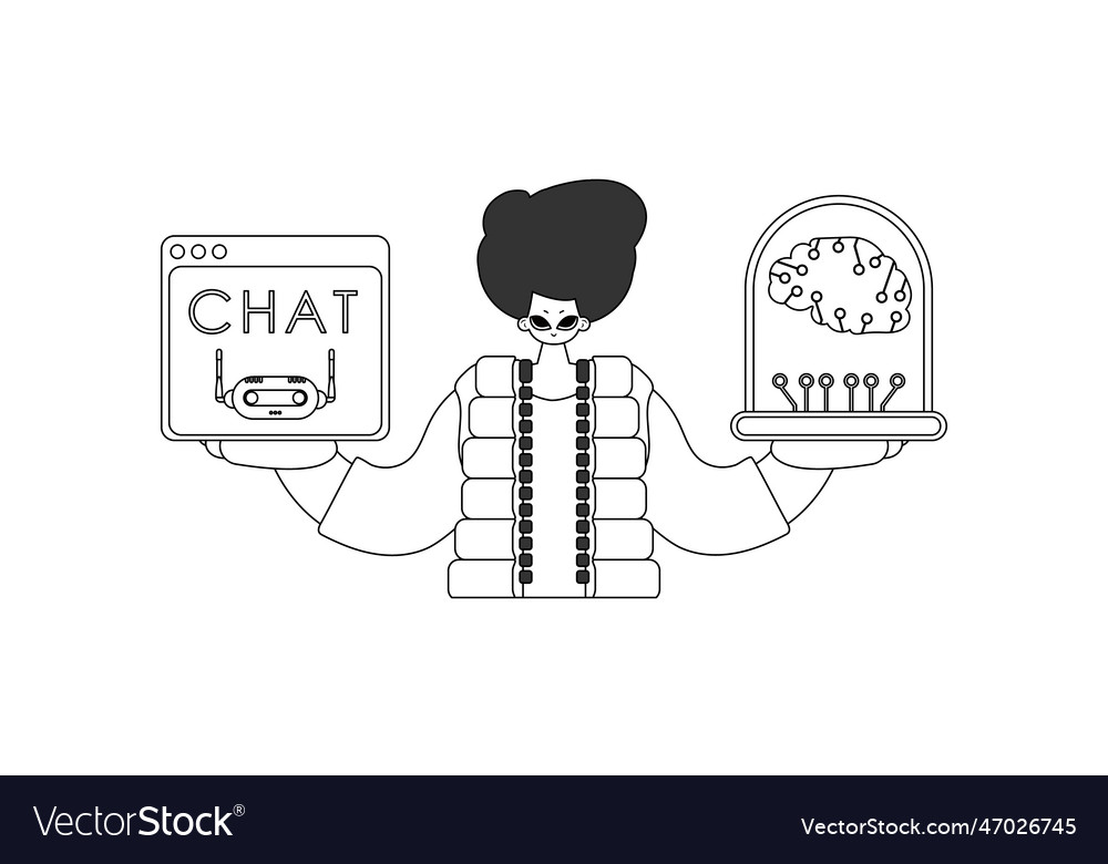 Guy holds ai model in hands style is linear vector image Guy holds ai model in hands style is linear