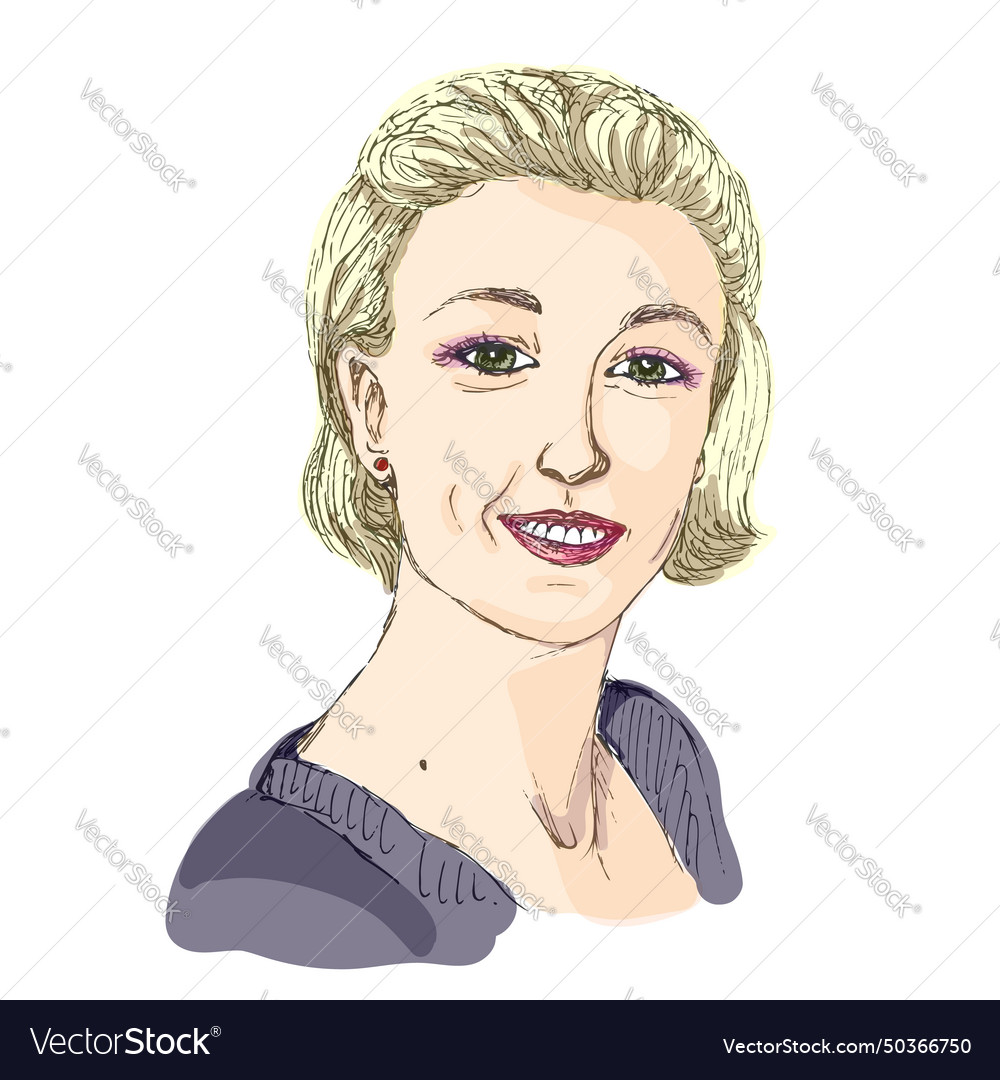 Color sketch portrait of smiling woman on white