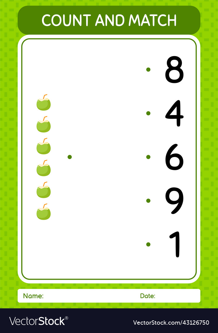 Count and match game with coconut worksheet vector image Count and match game with coconut worksheet