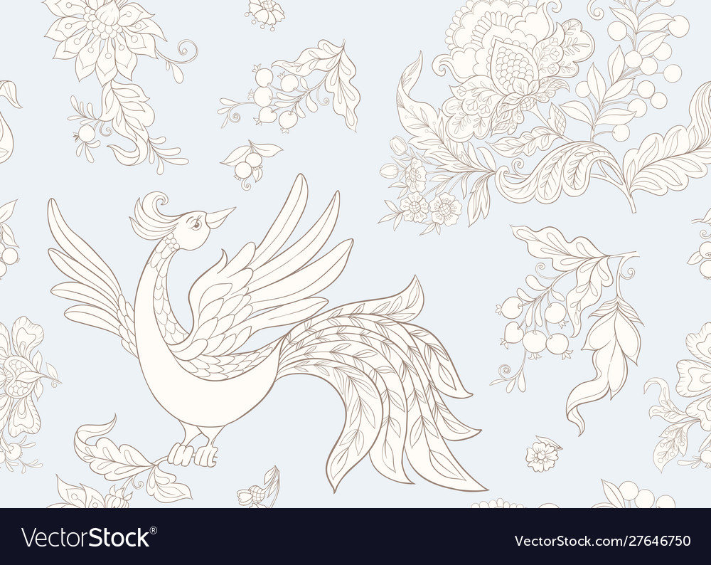 Fantasy floral seamless pattern with bird