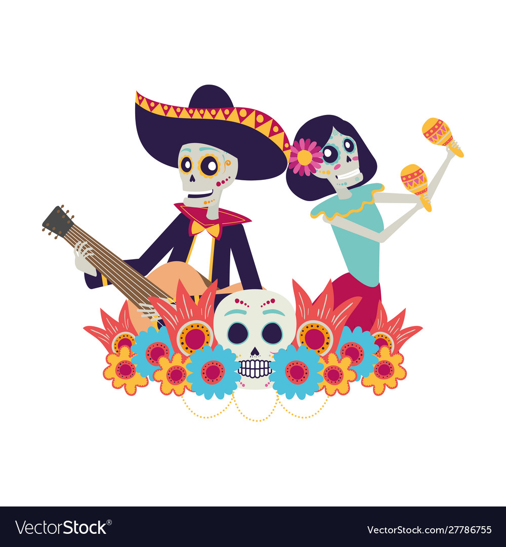 Catrina and mariachi skulls playing maracas Vector Image