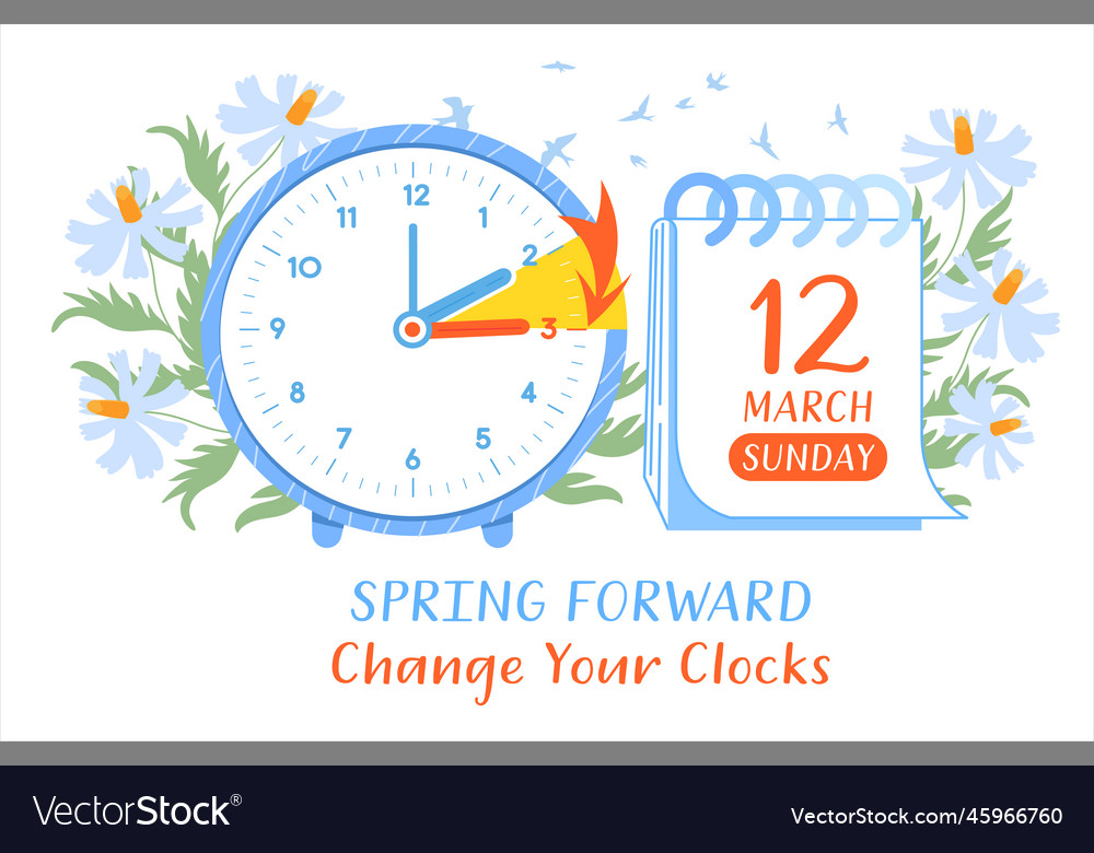 Spring Daylight Saving Time 2023. Banner reminder with changing