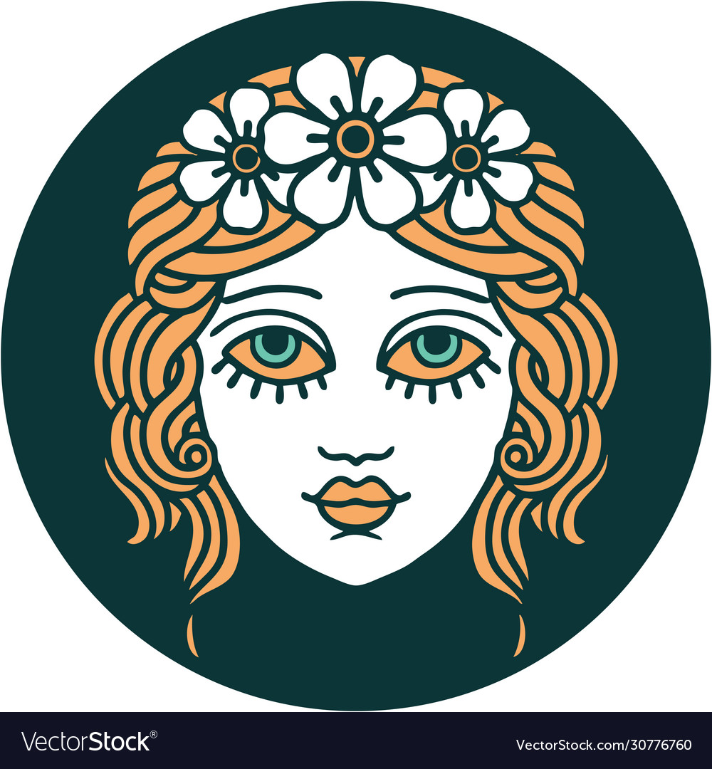 iconic tattoo style image of female face with third eye and crown of  flowers 12091577 Vector Art at Vecteezy