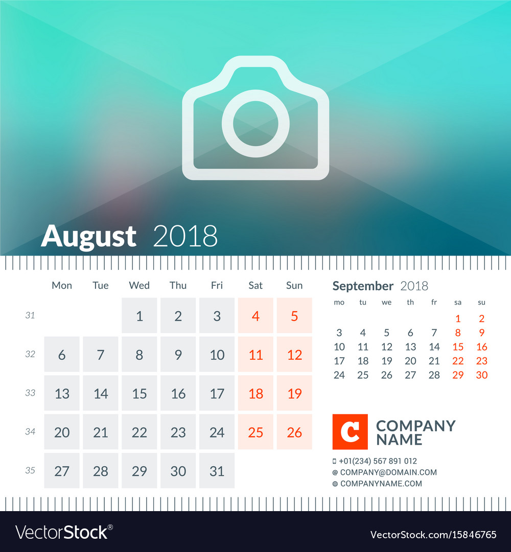 August 2018 calendar for year week starts