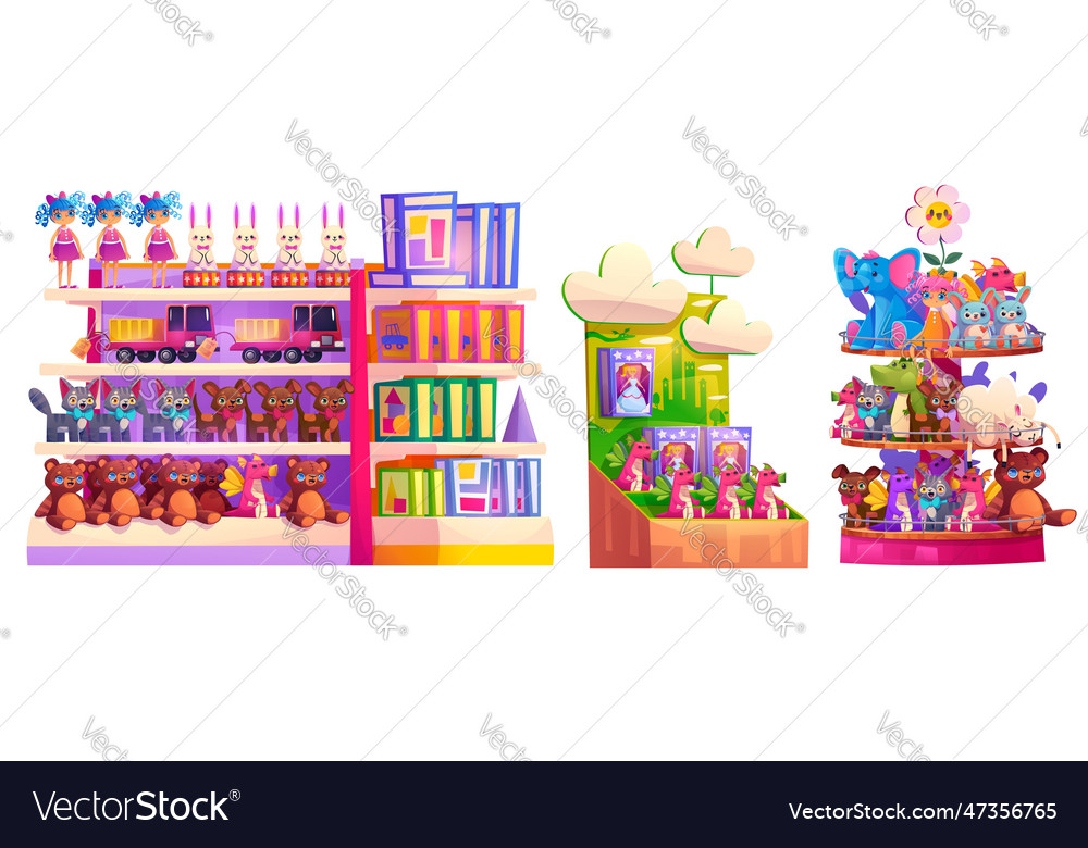 Kid toy shop interior shelf game cartoon Vector Image