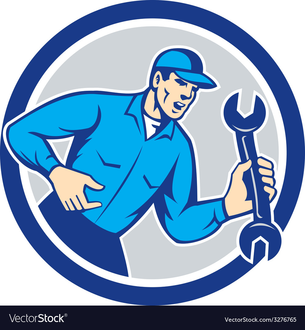 Mechanic shouting holding spanner wrench circle Vector Image