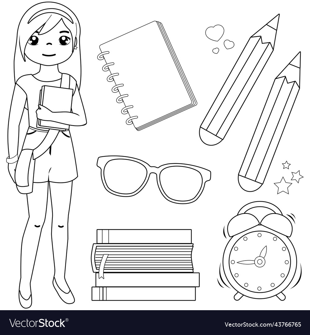 Student girl and set of school objects