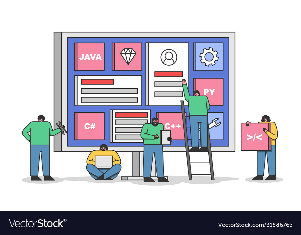 Team web developers working together on new vector image Team web developers working together on new